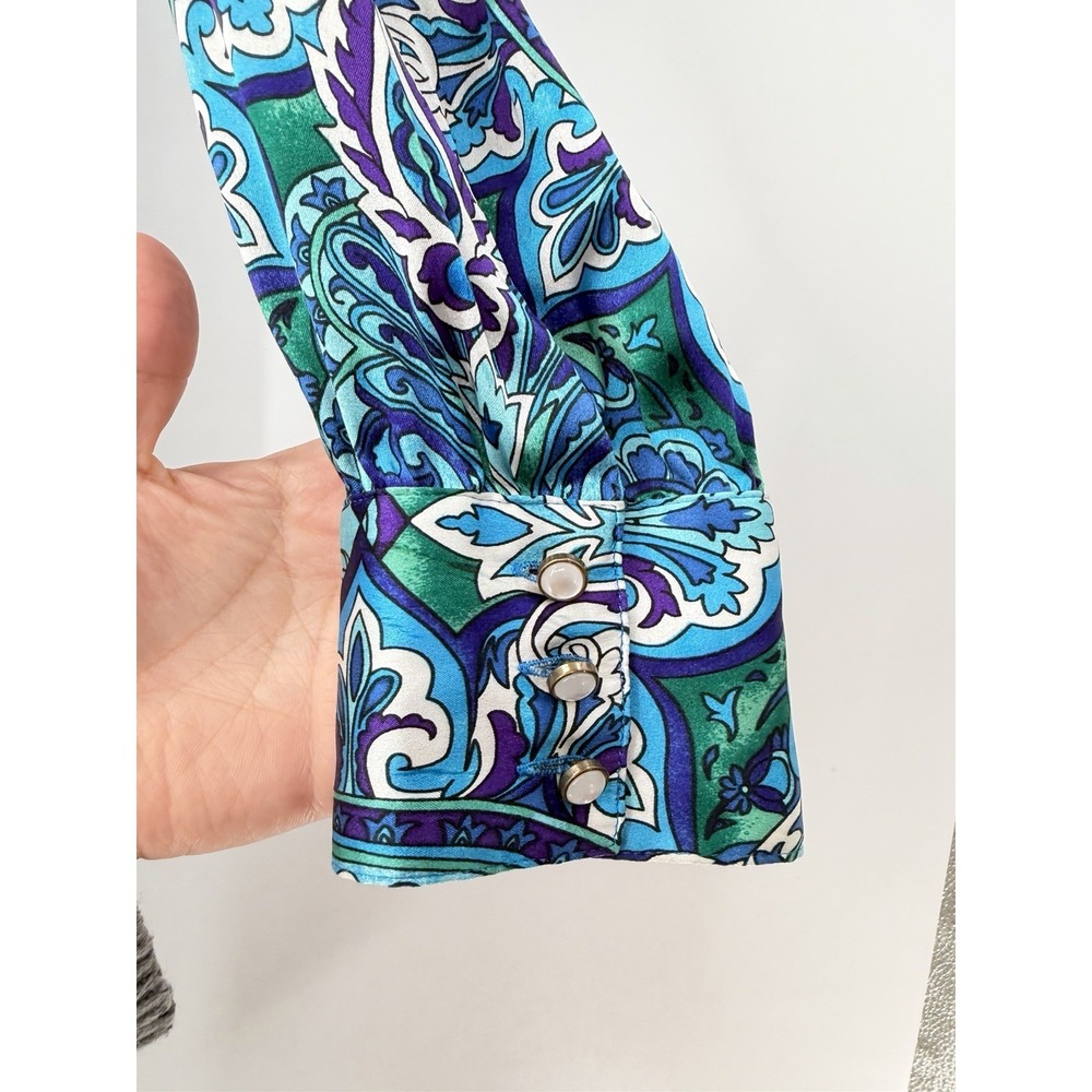 CACHE Silk Blouse Womens L Blue Paisley Psychedelic Rave Cowboy Glam Retro Pearl - Picture 4 of 9